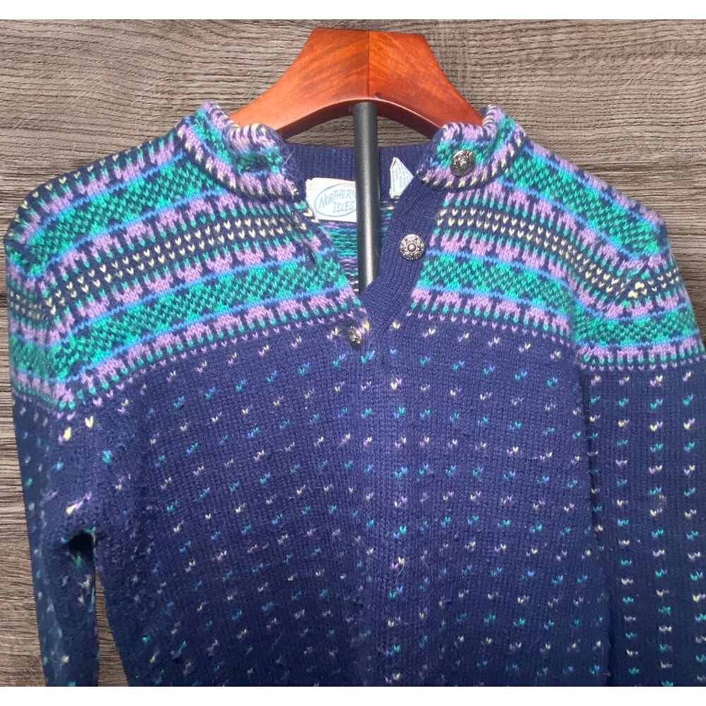 Vintage NZ Wool Sweater Button-Up Collar Blue‎ Purple & Green Fair Isle Pattern
